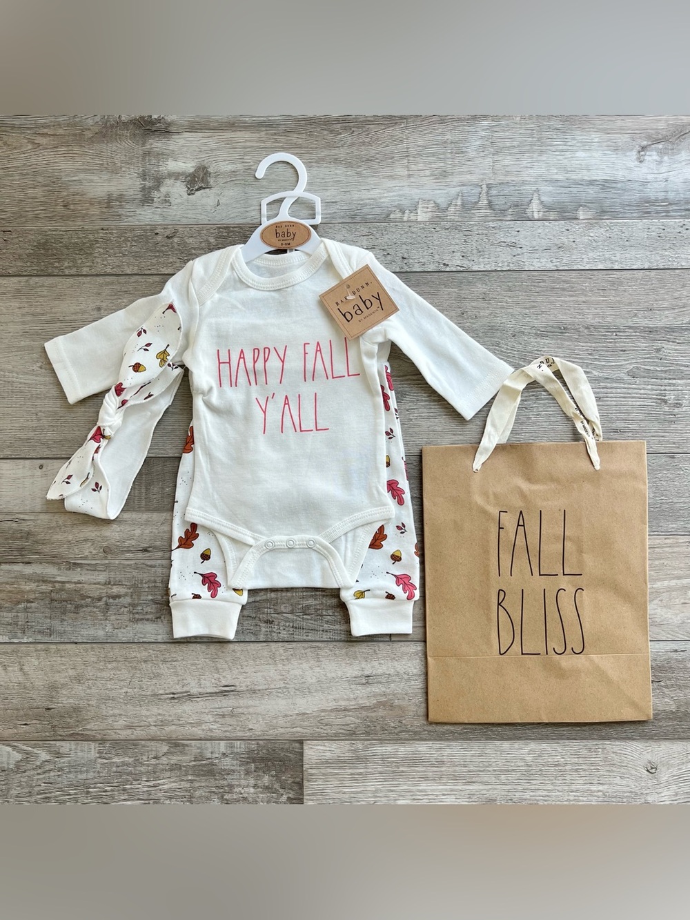 NWT Rae Dunn Girl’s ‘Happy Fall Ya’ll’ Outfit & Gift Bag Size 0/3 Months